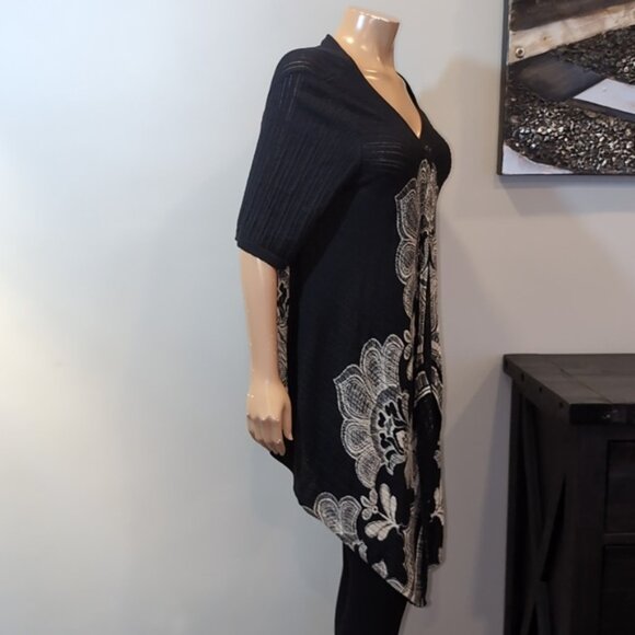 Vintage Chicos Damask Modal Cardigan Open Flyaway Front Short Sleeve Ribbed Knit - Picture 10 of 17